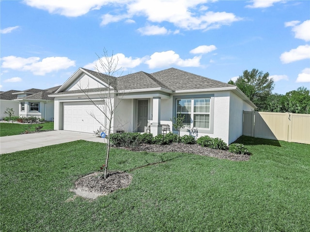 ranch-style house with stucco siding, driveway, a gate, fence, and a front yard