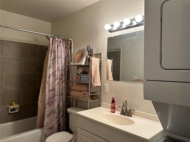 full bath featuring vanity, shower / bath combination with curtain, and toilet