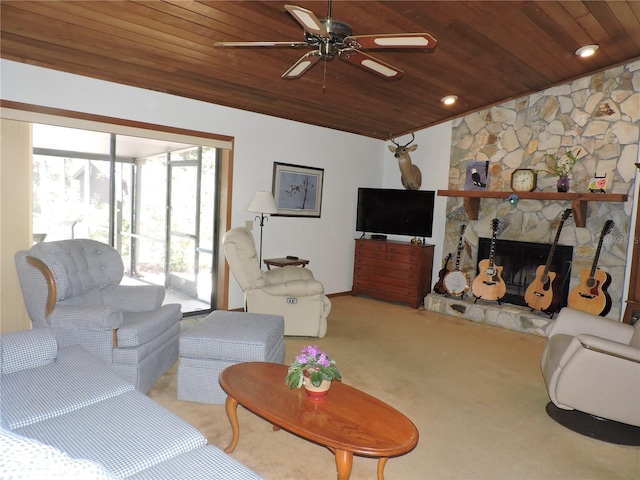 3567 Red Oak Ct, Lake Wales, FL 33898 - carpeted living room with wood ceiling and a ceiling fan