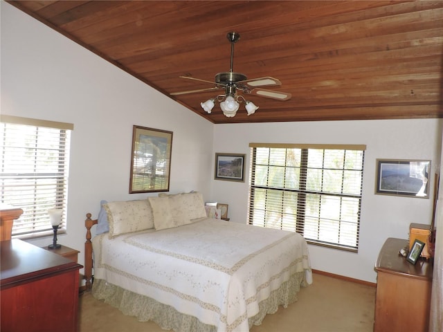 3567 Red Oak Ct, Lake Wales, FL 33898 - bedroom featuring wooden ceiling, carpet floors, baseboards, vaulted ceiling, and a ceiling fan