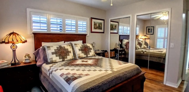 bedroom with multiple windows, wood finished floors, and multiple closets