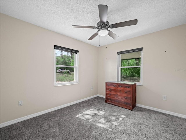carpeted spare room featuring a ceiling fan, a textured ceiling, and a wealth of natural light