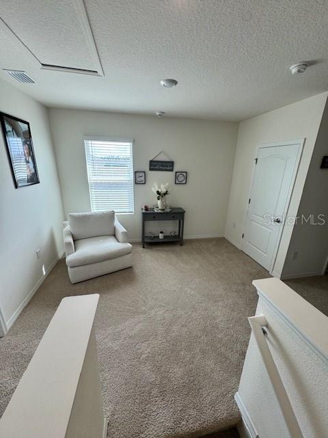 living room with a textured ceiling, carpet, and baseboards
