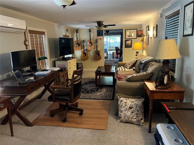 1422 Ave H SW, Winter Haven, FL 33880 - carpeted office space featuring a wall mounted AC, ornamental molding, and a ceiling fan