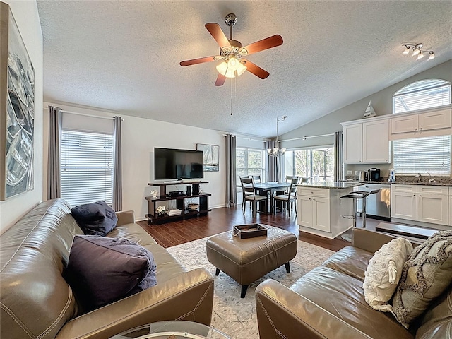 2696 Hemingway Ave, Haines City, FL 33844 - living area with a textured ceiling, dark wood finished floors, vaulted ceiling, and a ceiling fan