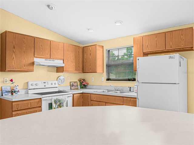 2568 Tall Palm Ave, Lake Wales, FL 33898 - kitchen featuring white appliances, under cabinet range hood, light countertops, and lofted ceiling