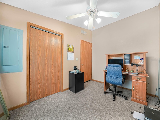 2568 Tall Palm Ave, Lake Wales, FL 33898 - office area featuring electric panel, ceiling fan, and light colored carpet
