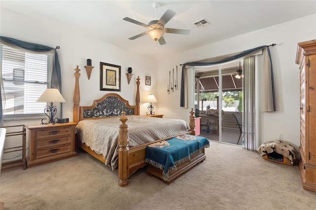 bedroom featuring access to outside, ceiling fan, and light colored carpet