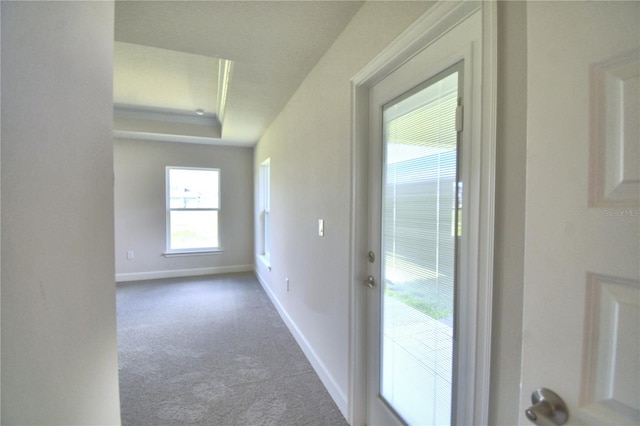 corridor featuring carpet floors and a tray ceiling