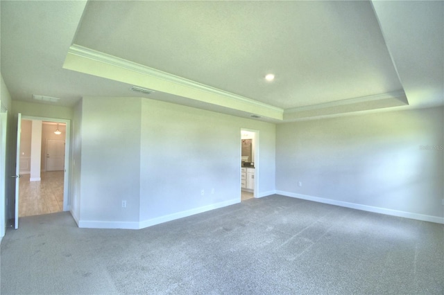 spare room with crown molding, carpet, and a raised ceiling