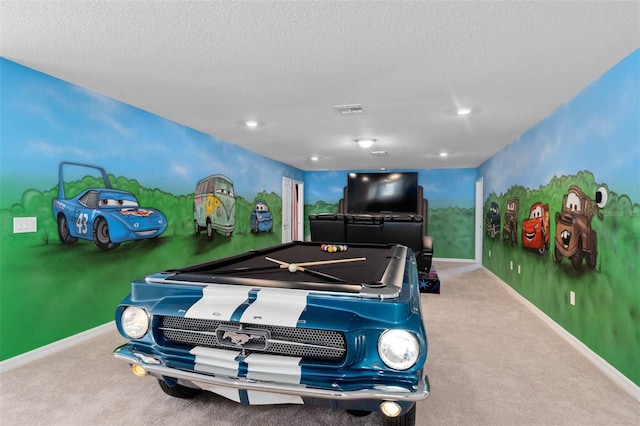 playroom with carpet, a textured ceiling, and pool table