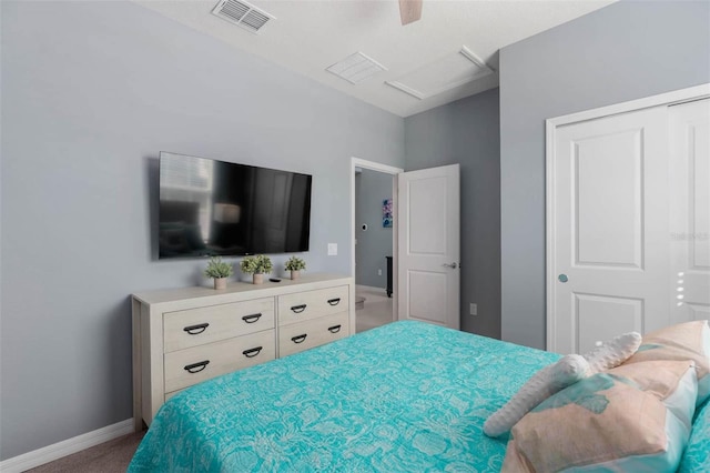 bedroom featuring a closet, ceiling fan, and carpet floors