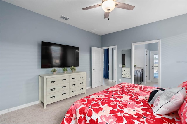 bedroom with light carpet and ceiling fan