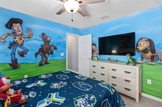 carpeted bedroom with ceiling fan