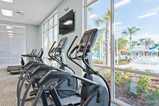 exercise room with carpet floors