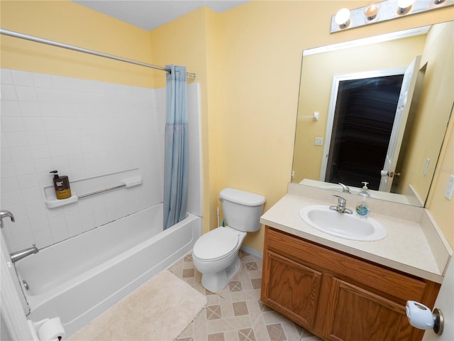 full bath with toilet, shower / bathtub combination with curtain, tile patterned flooring, and vanity