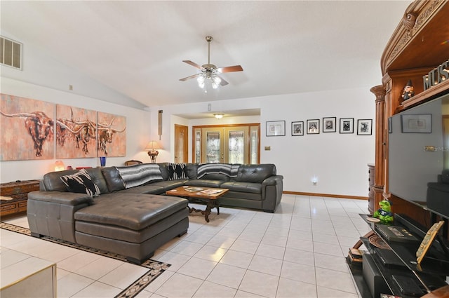 tiled living room featuring vaulted ceiling and ceiling fan