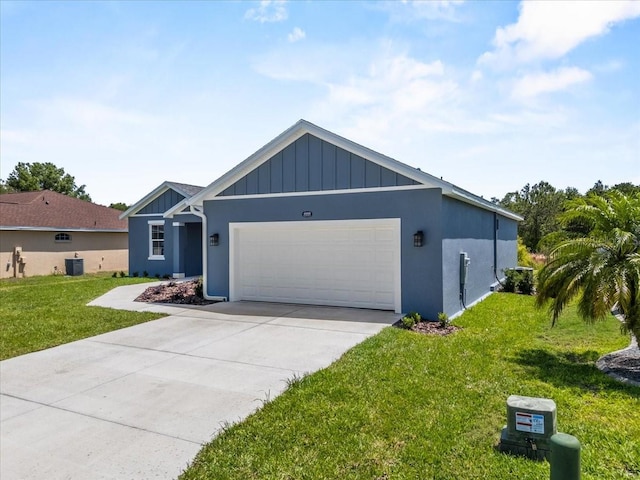 view of front facade featuring a front yard, a garage, driveway, central AC, and board and batten siding