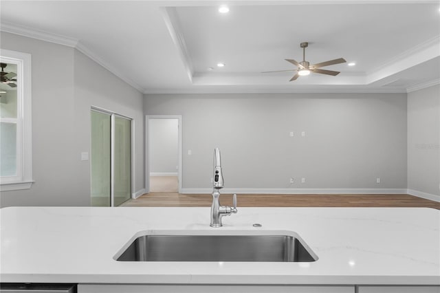 kitchen featuring a sink, a ceiling fan, and a raised ceiling