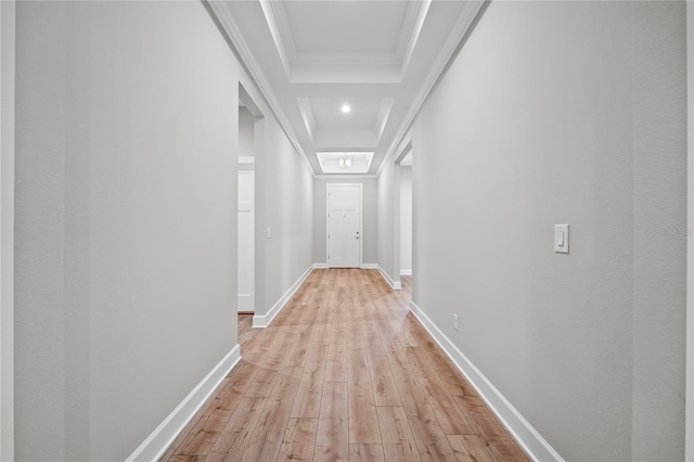 4537 Fairway Oaks Dr, Mulberry, FL 33860 - hallway featuring baseboards, light wood-style floors, crown molding, a tray ceiling, and recessed lighting