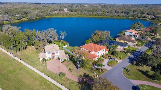 drone / aerial view with a water view