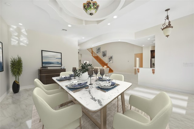 dining area featuring marble finish floor, recessed lighting, visible vents, stairway, and baseboards