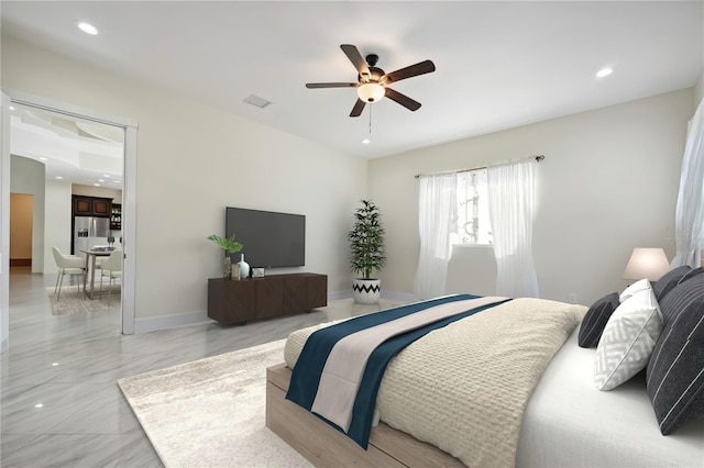 bedroom with marble finish floor, recessed lighting, visible vents, stainless steel fridge, and baseboards