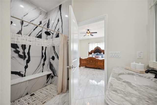 ensuite bathroom featuring ensuite bathroom, ceiling fan, vanity, marble finish floor, and a marble finish shower