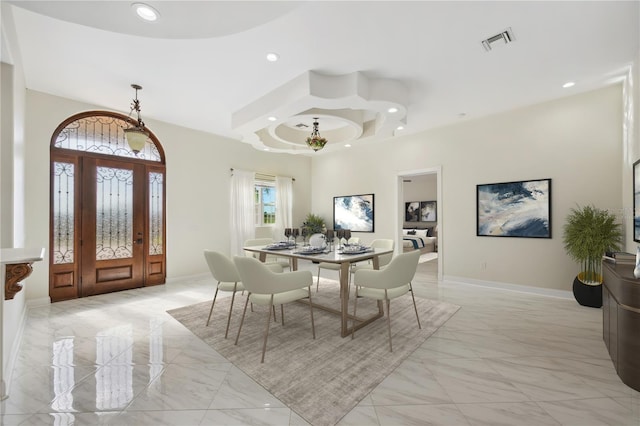 dining room with baseboards, marble finish floor, visible vents, and recessed lighting