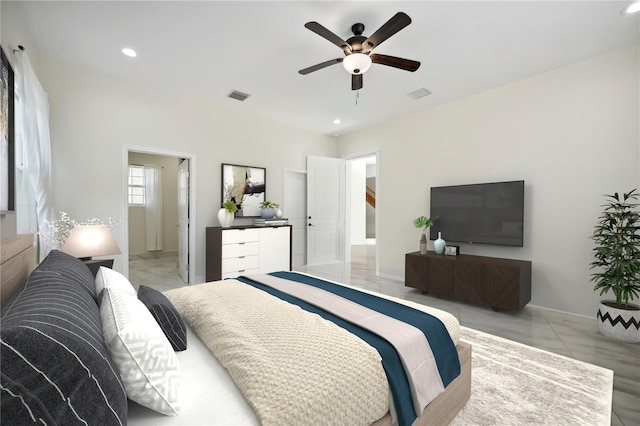 bedroom featuring a ceiling fan, recessed lighting, visible vents, and baseboards