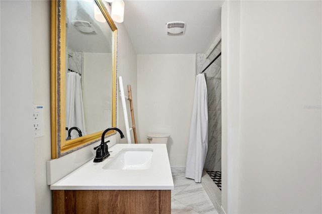 full bathroom featuring marble finish floor, visible vents, toilet, a stall shower, and vanity