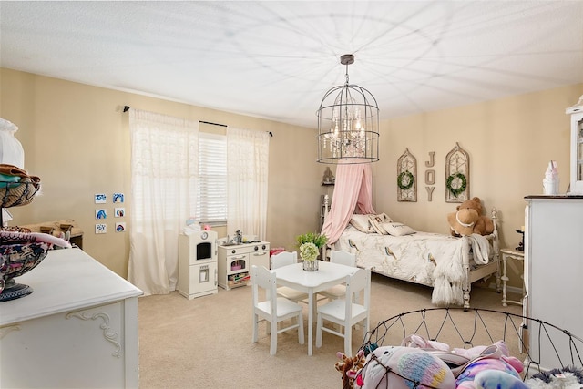 bedroom with light colored carpet and a notable chandelier