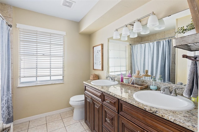 bathroom featuring toilet, vanity, and tile patterned flooring