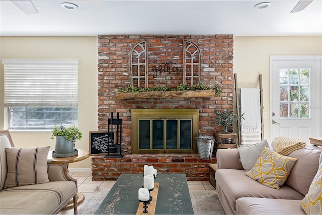 tiled living room with a fireplace