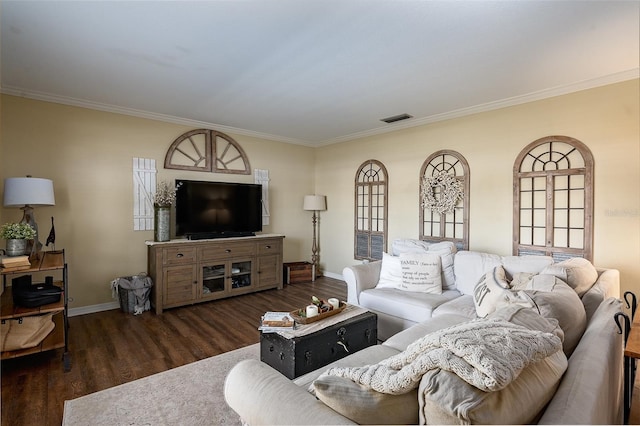 living room featuring dark hardwood / wood-style floors and crown molding