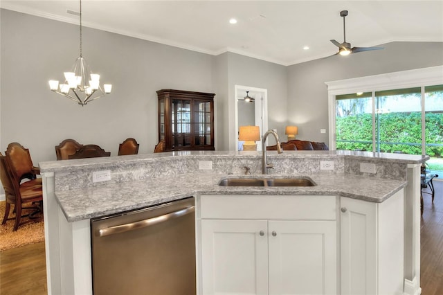 kitchen featuring lofted ceiling, dishwasher, sink, white cabinetry, and ceiling fan with notable chandelier