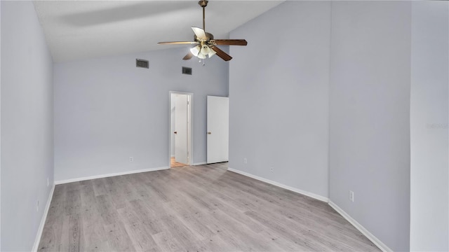 unfurnished room featuring high vaulted ceiling, ceiling fan, and light hardwood / wood-style flooring