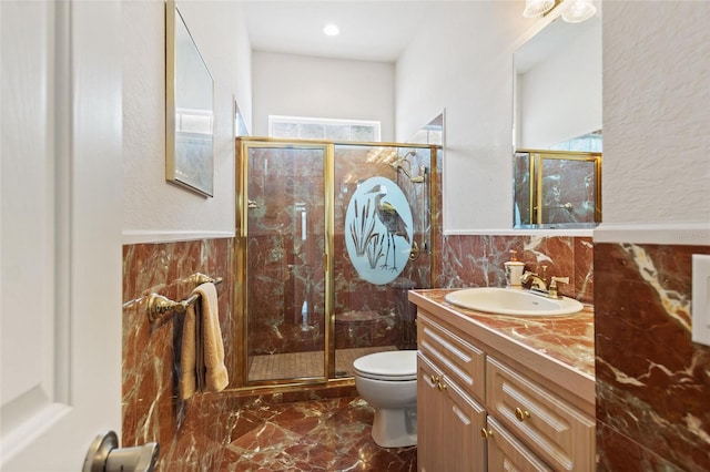 bathroom featuring toilet, an enclosed shower, tile floors, tasteful backsplash, and vanity