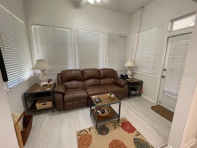 living room with light hardwood / wood-style floors and ceiling fan