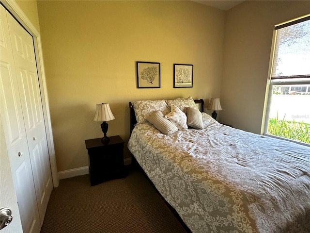 bedroom featuring dark colored carpet and a closet