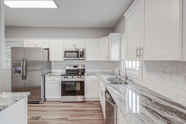 kitchen with white cabinets, backsplash, light hardwood / wood-style flooring, and stainless steel appliances