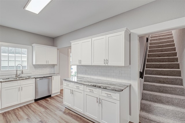 kitchen featuring backsplash, white cabinetry, sink, and stainless steel dishwasher