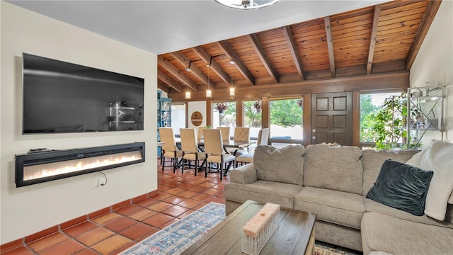 tiled living room featuring wood ceiling and beam ceiling