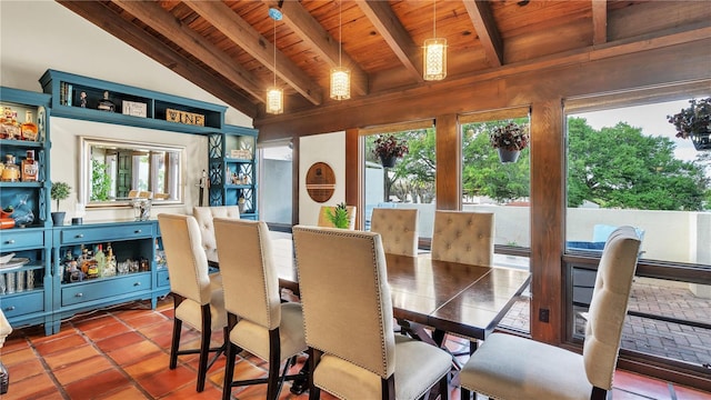 sunroom featuring wooden ceiling, lofted ceiling with beams, and a wealth of natural light