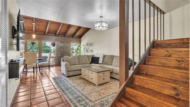 tiled living room with wooden ceiling, vaulted ceiling with beams, and a chandelier