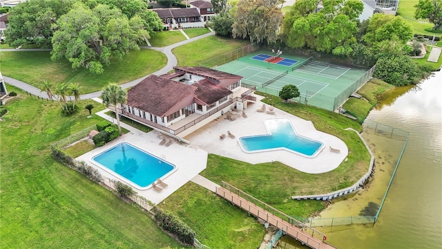 drone / aerial view featuring a water view