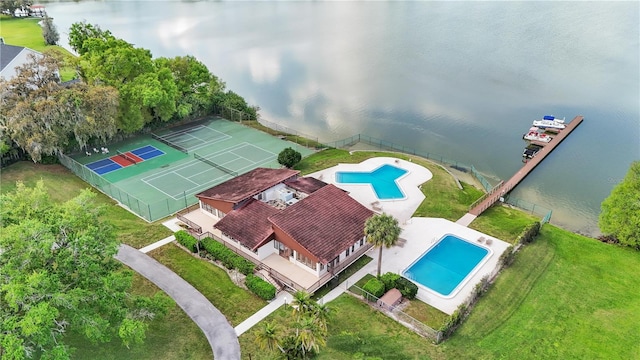 aerial view featuring a water view