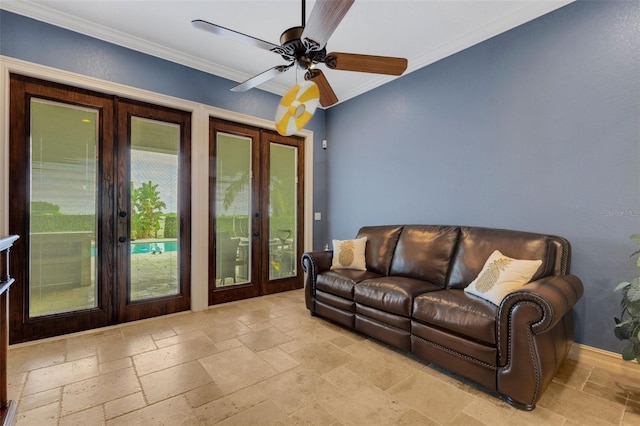 living room with french doors, ornamental molding, ceiling fan, and light tile floors