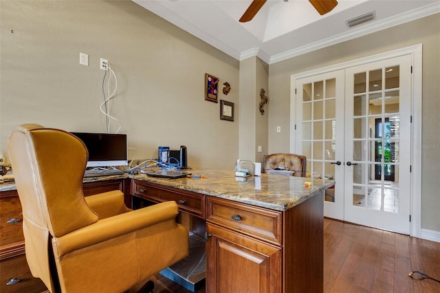 office with ceiling fan, french doors, dark hardwood / wood-style flooring, and ornamental molding