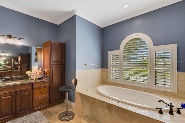 bathroom featuring tiled bath, tile flooring, ornamental molding, and oversized vanity